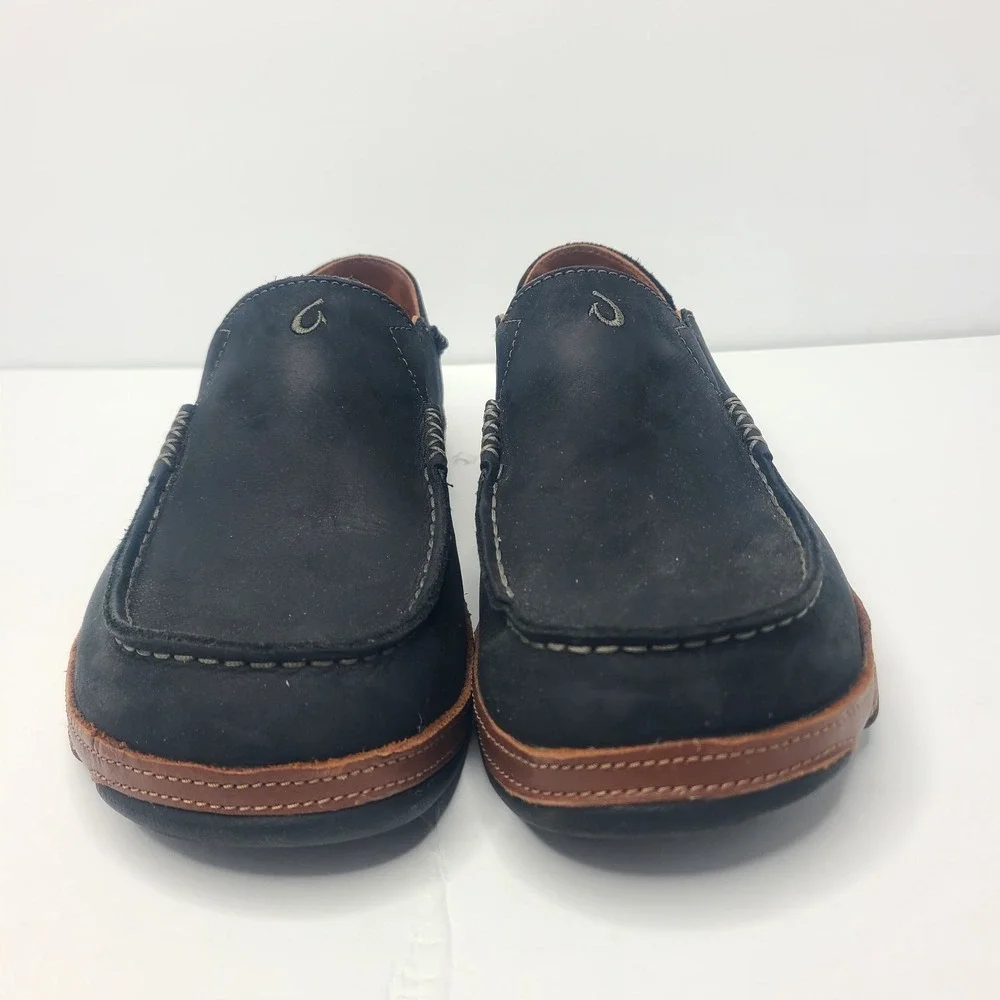 OluKai Moloa Black Toffee Leather Slip On Drop In Heel Loafers Shoes Men's 9